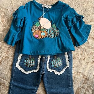 Marie Nicole 2 pc Jean and top set xxs, teal pumpkins NWT